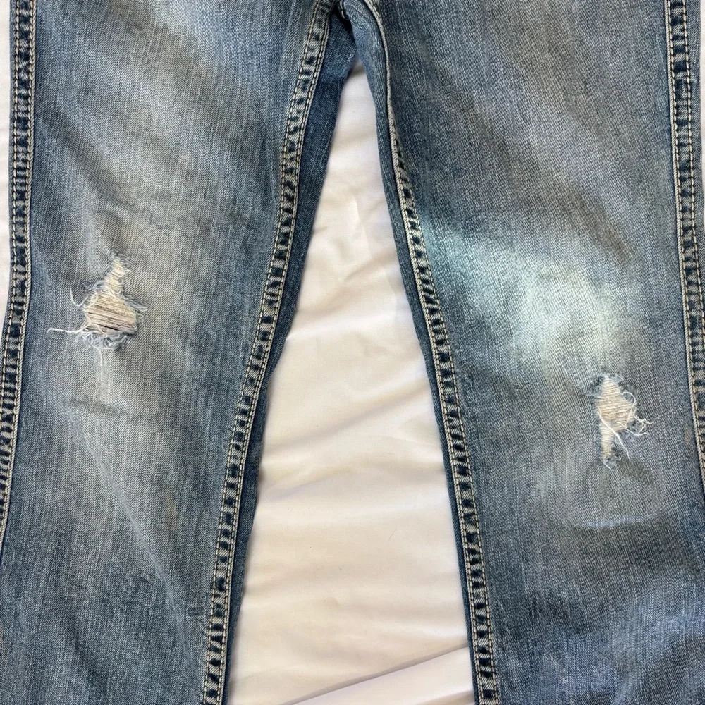 Silver Suki Washed Blue Straight Jeans with Knee Distress Fringe Hem Women’s 29 - Picture 4 of 10